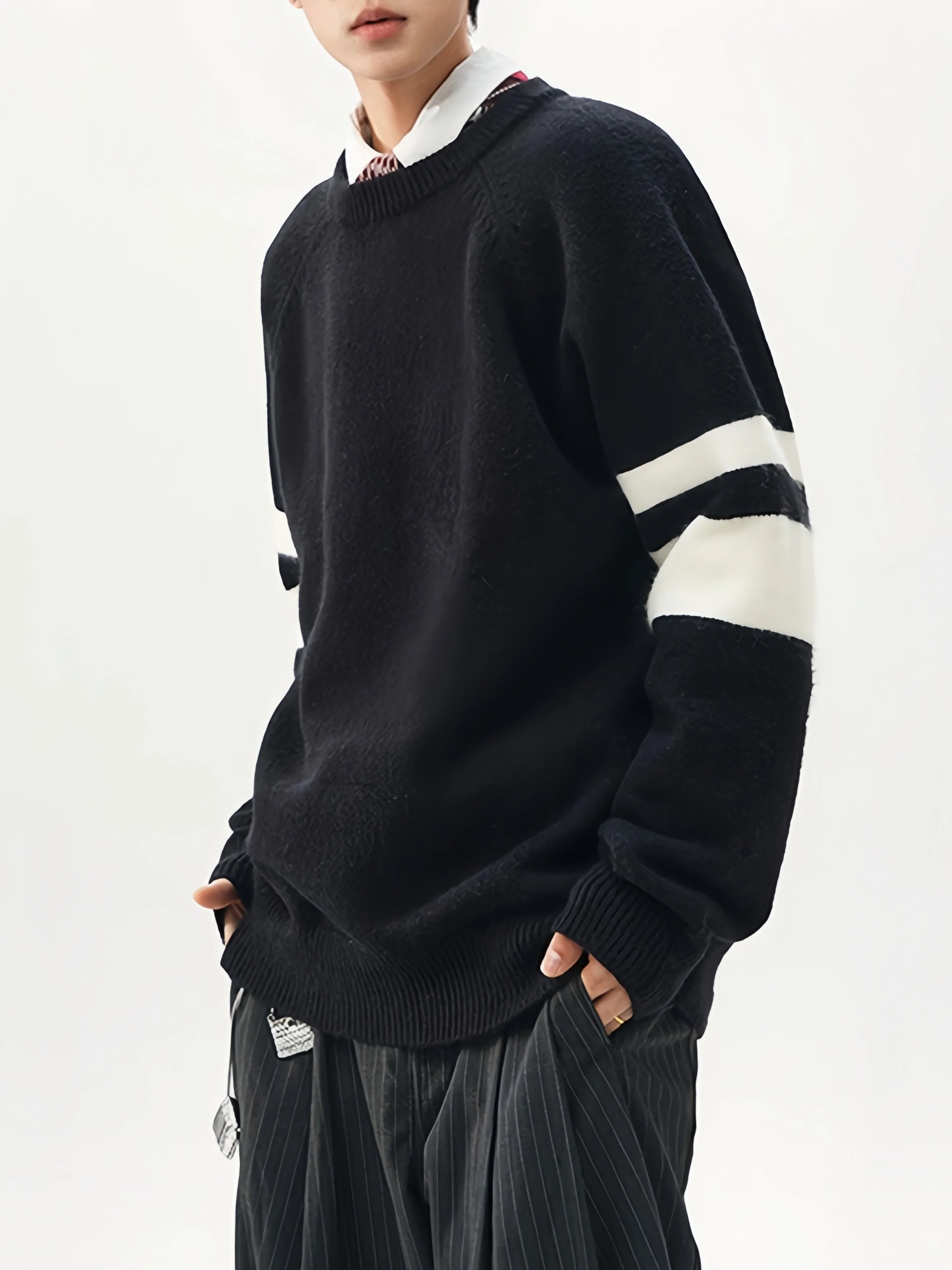 Striped Texture Contrasting Colors Loose Leisure Pullover Sweater - Image 7