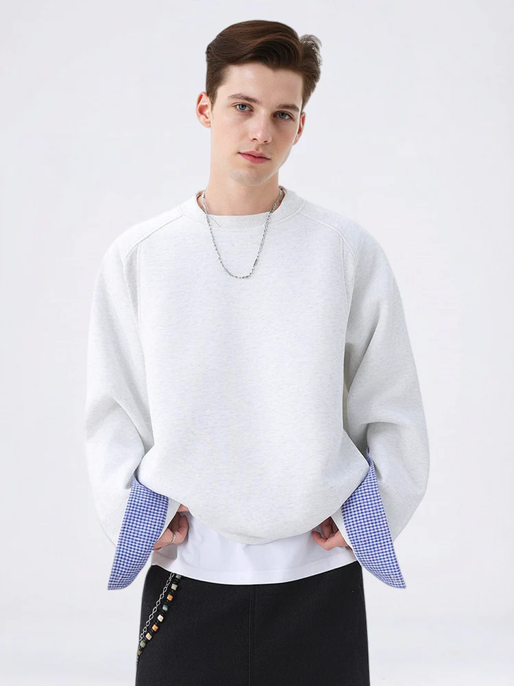 Plaid-Panel Clean-Fit Boxy Crew-Neck Sweatshirt