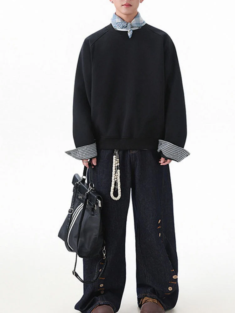 Plaid-Panel Clean-Fit Boxy Crew-Neck Sweatshirt - Image 5