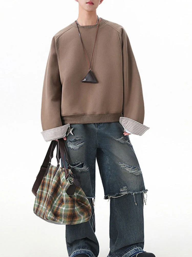 Plaid-Panel Clean-Fit Boxy Crew-Neck Sweatshirt - Image 8