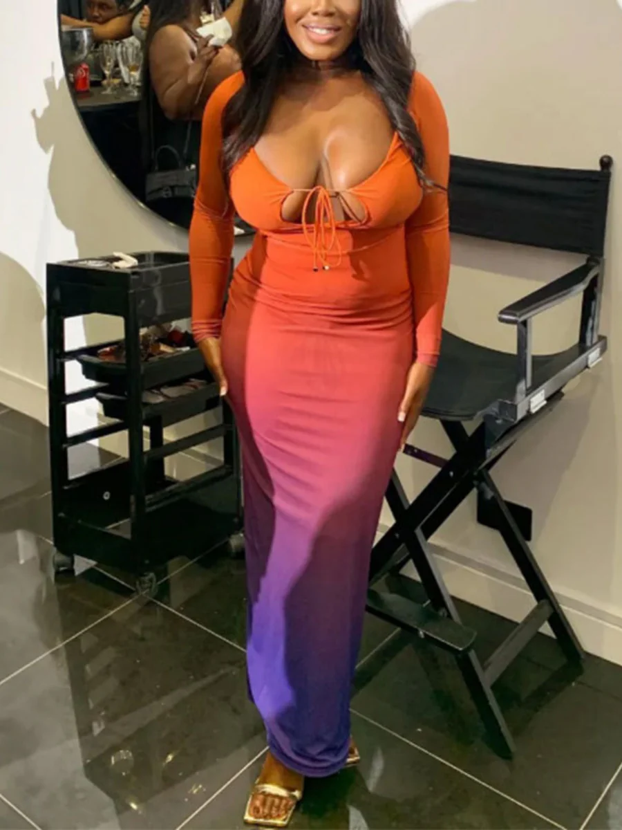 Deep V Gradient Backless Hip-hugging Sexy Stretch Maxi Dresses - Image 17