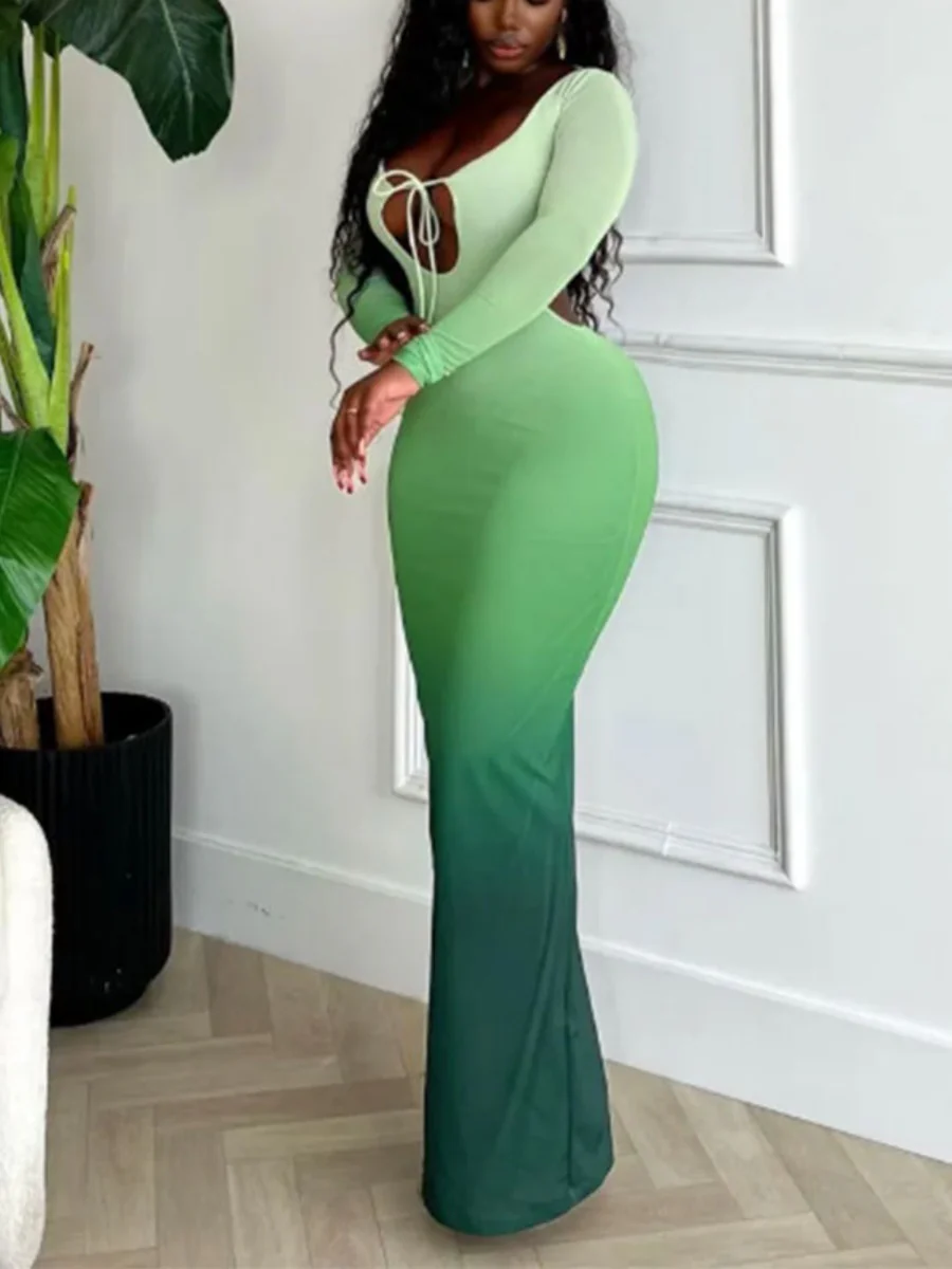 Deep V Gradient Backless Hip-hugging Sexy Stretch Maxi Dresses - Image 19