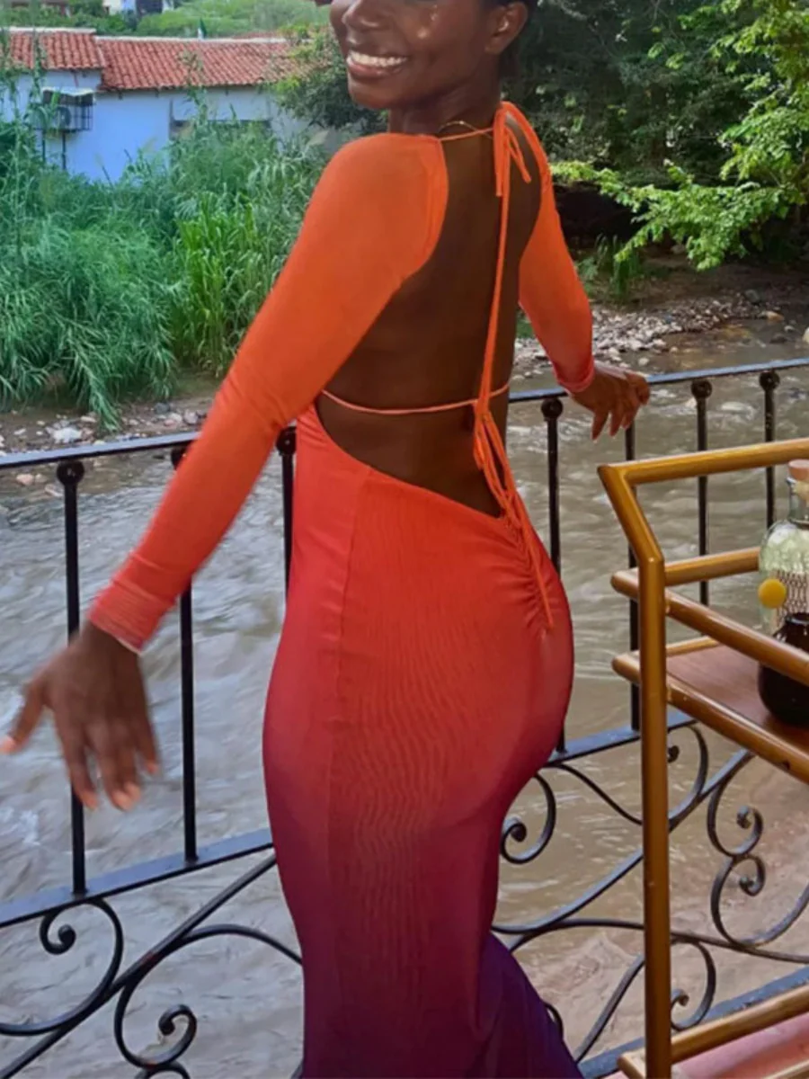 Deep V Gradient Backless Hip-hugging Sexy Stretch Maxi Dresses - Image 4