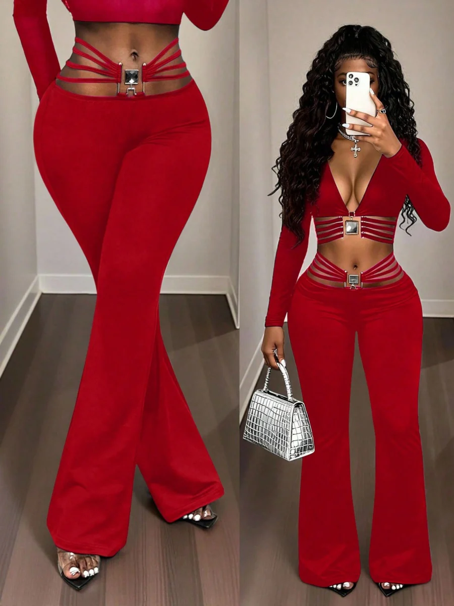 String Decoration Rhinestones Buttock Lift Bell-bottoms Stretch Pants - Image 10