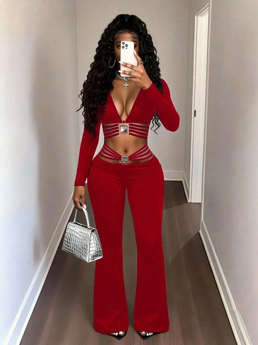 String Decoration Rhinestones Buttock Lift Bell-bottoms Stretch Pants - Image 6