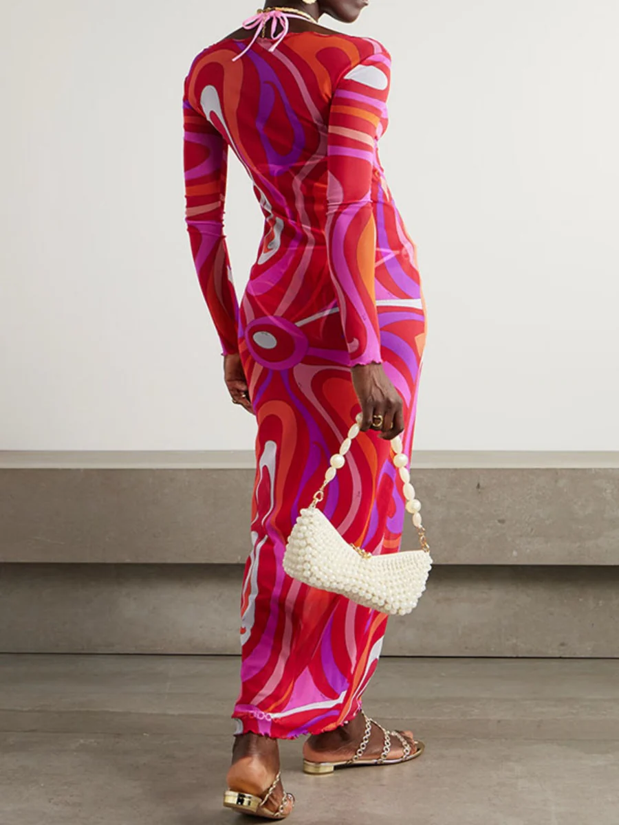 Gauze Printed Perspective Long Sleeve Maxi Dresses - Image 5