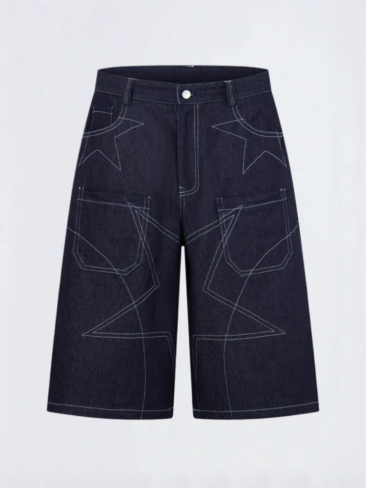 Five-pointed Star Loose-fit Straight-fit Multiple Pockets Five Points Denim Shorts