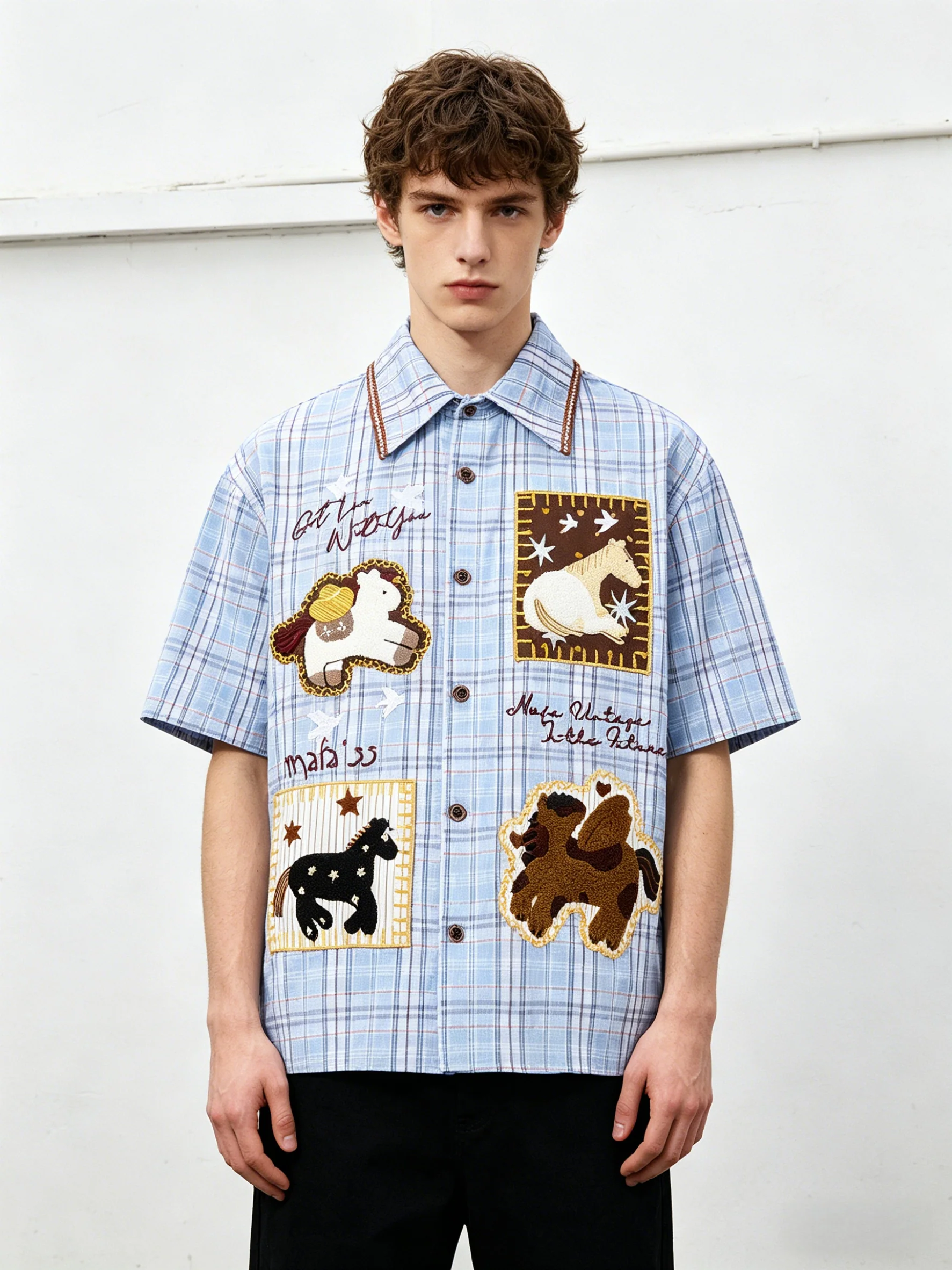 Cartoon Embroidery Plaid Loose-fit Shirts