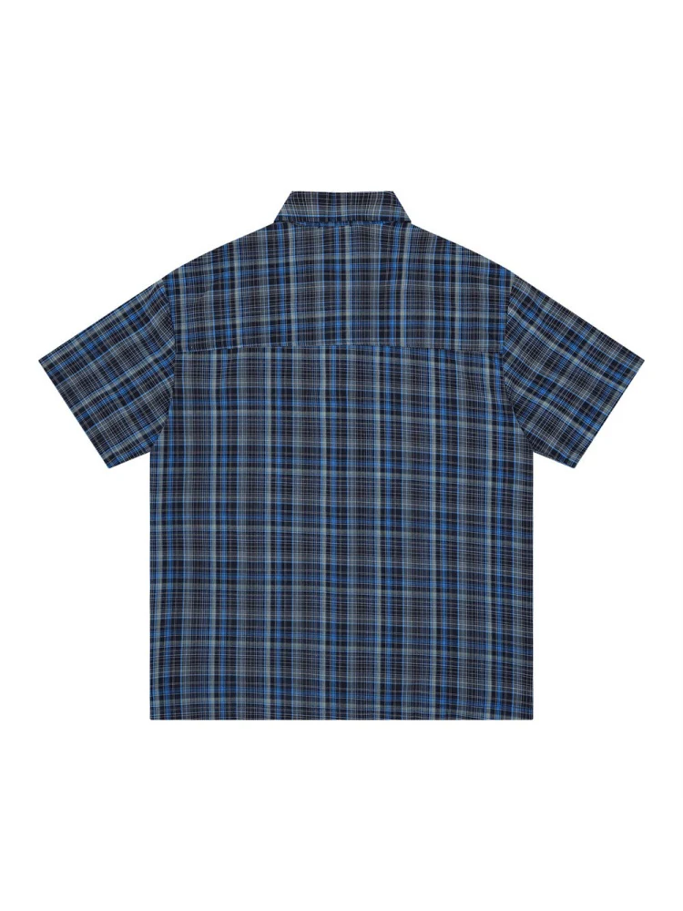 Color-blocked Patchwork Plaid Letter Printed Hip Hop Shirts - Image 3