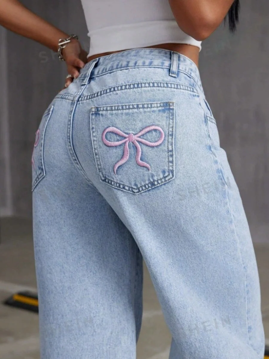 Liber Autumn Women's Embroidery Bow Jeans - Image 12