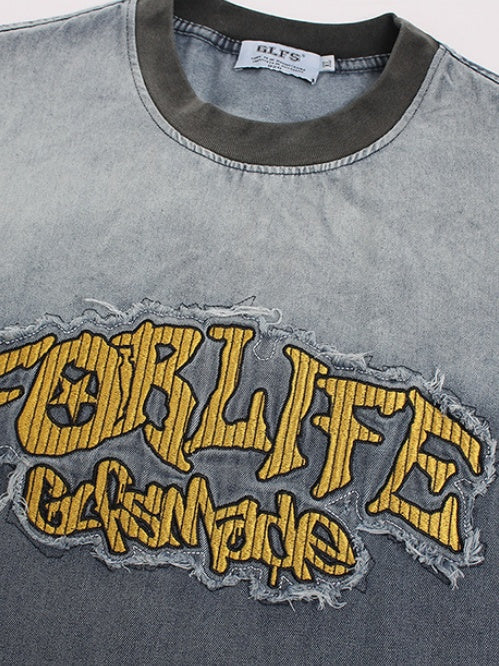 Tie-dye Gradient Washed Distressed Embroidery Denim T-shirt - Image 6