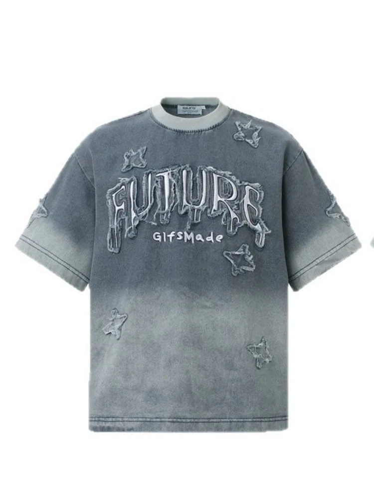 Washed Patches Stereo Embroidery Denim T-shirt - Image 2