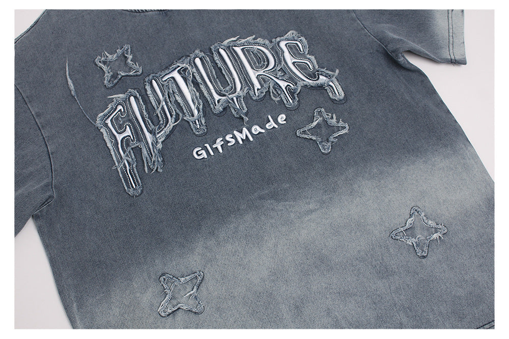 Washed Patches Stereo Embroidery Denim T-shirt - Image 4
