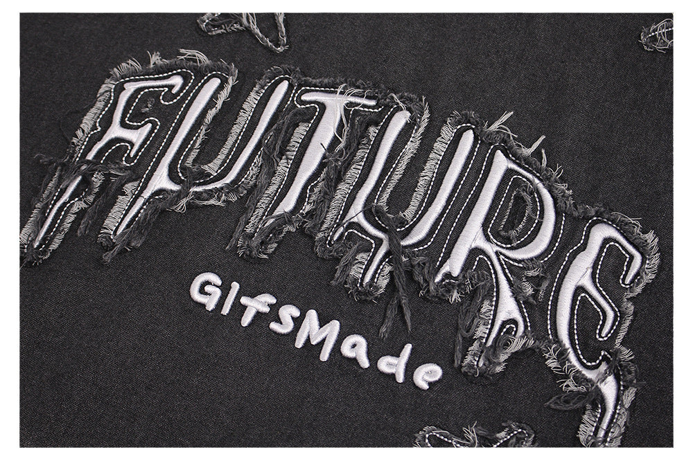 Washed Patches Stereo Embroidery Denim T-shirt - Image 7