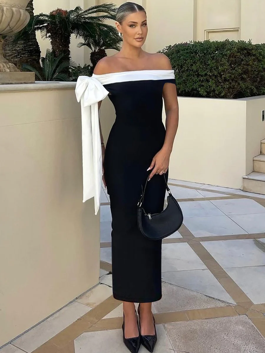 Elegant Off-shoulder Ribbon Sleeveless Fitted Bodycon Long Dress