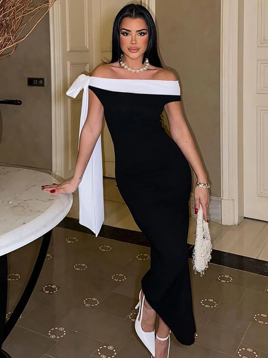 Elegant Off-shoulder Ribbon Sleeveless Fitted Bodycon Long Dress - Image 2