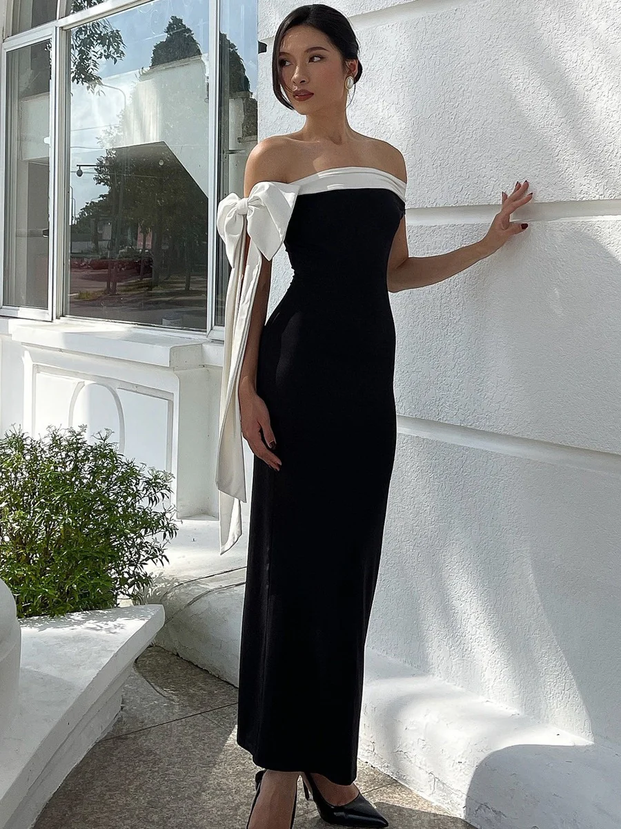Elegant Off-shoulder Ribbon Sleeveless Fitted Bodycon Long Dress - Image 5