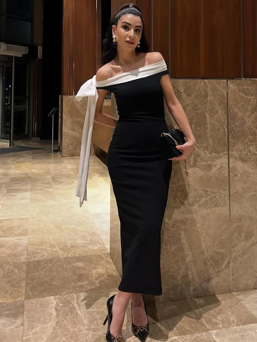 Elegant Off-shoulder Ribbon Sleeveless Fitted Bodycon Long Dress - Image 8