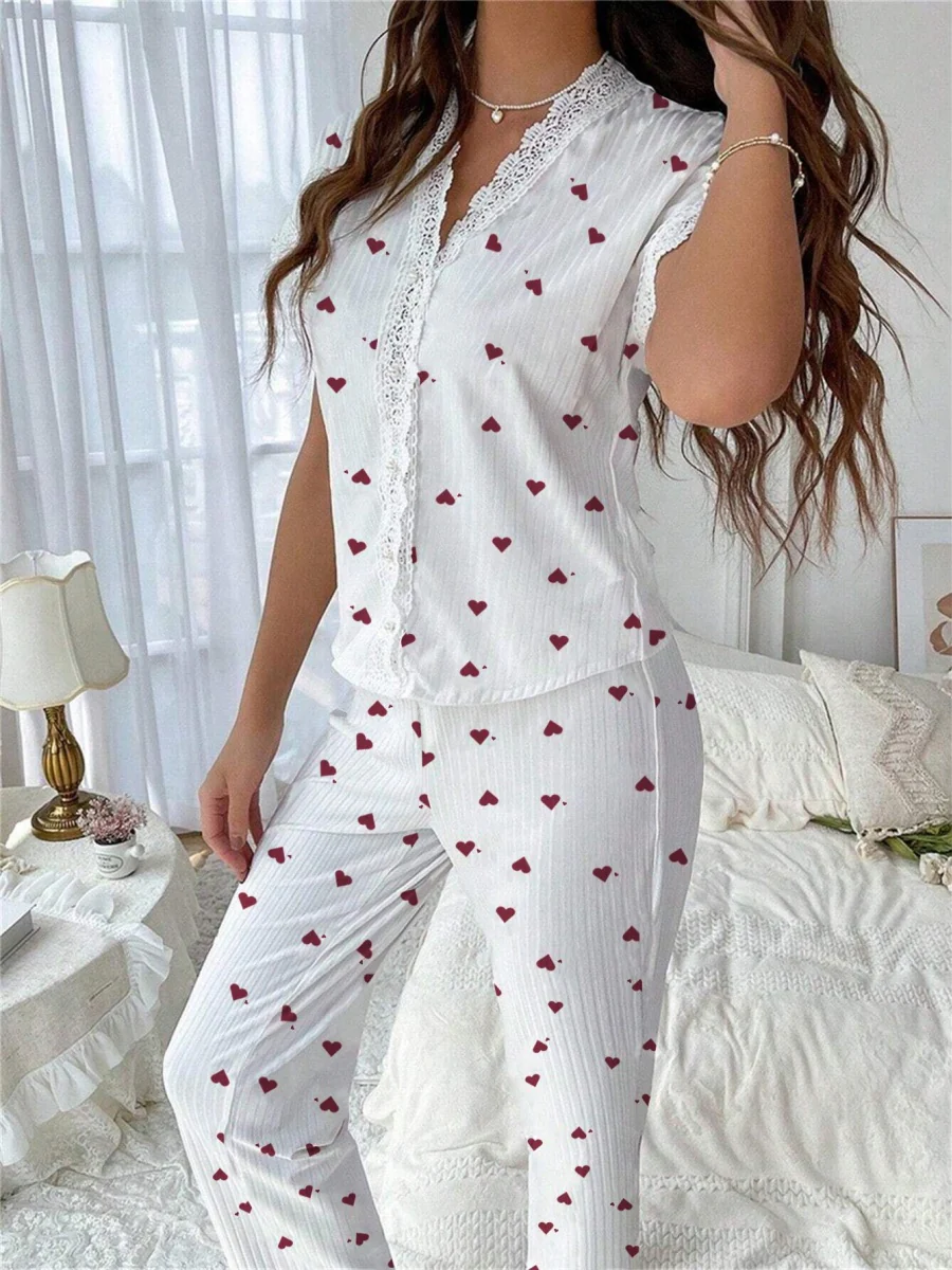 Cherry Print Water-soluble Embroidered Trim Short-sleeved Trousers Set That Can Be Worn As Loungewear - Image 3