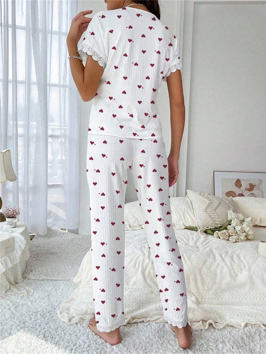 Cherry Print Water-soluble Embroidered Trim Short-sleeved Trousers Set That Can Be Worn As Loungewear - Image 4