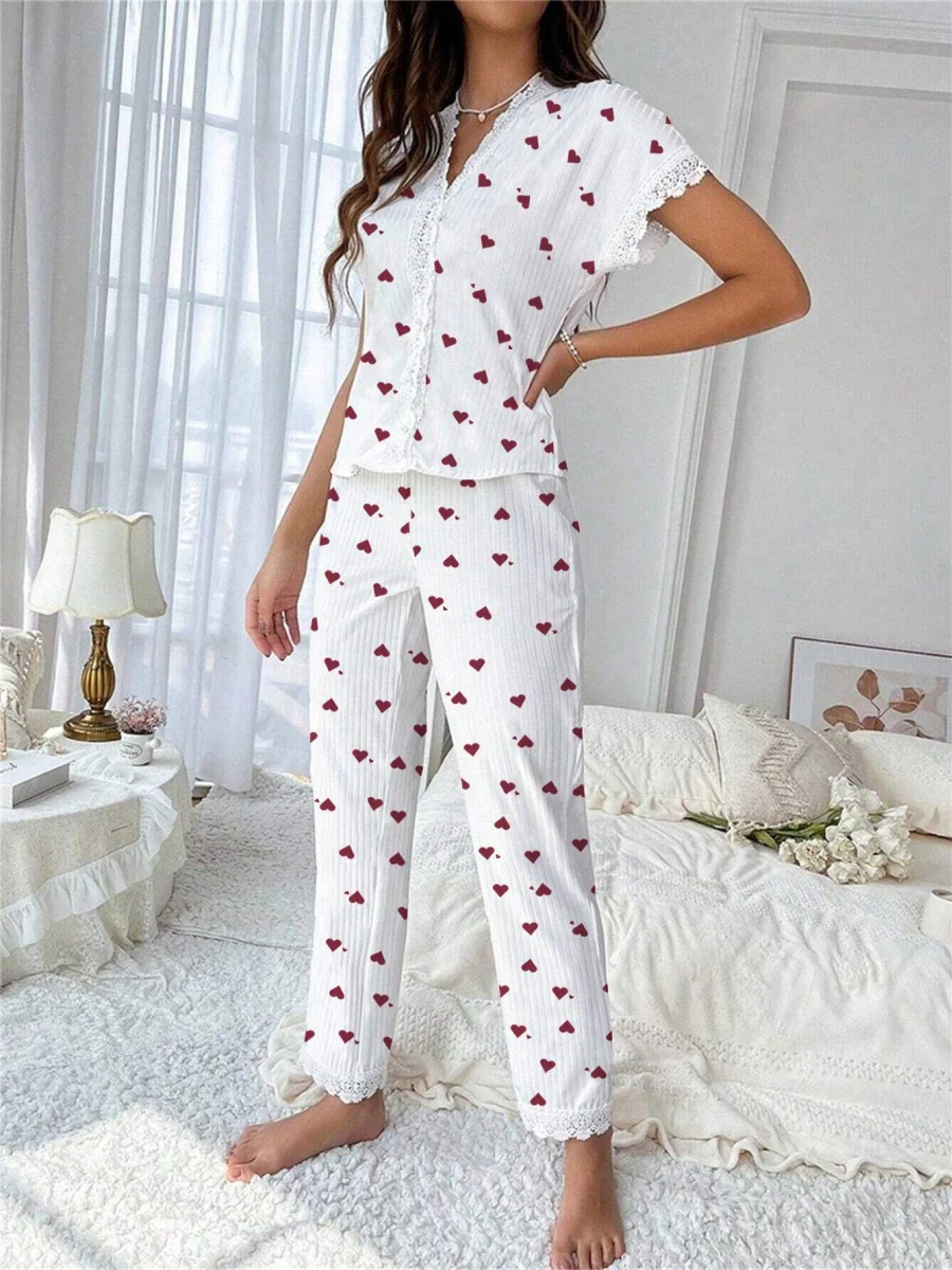 Cherry Print Water-soluble Embroidered Trim Short-sleeved Trousers Set That Can Be Worn As Loungewear - Image 5