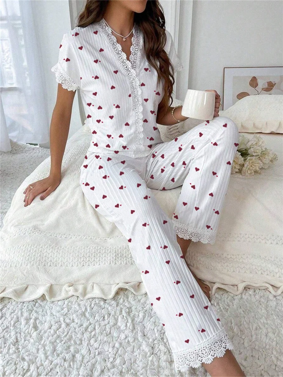 Cherry Print Water-soluble Embroidered Trim Short-sleeved Trousers Set That Can Be Worn As Loungewear - Image 6