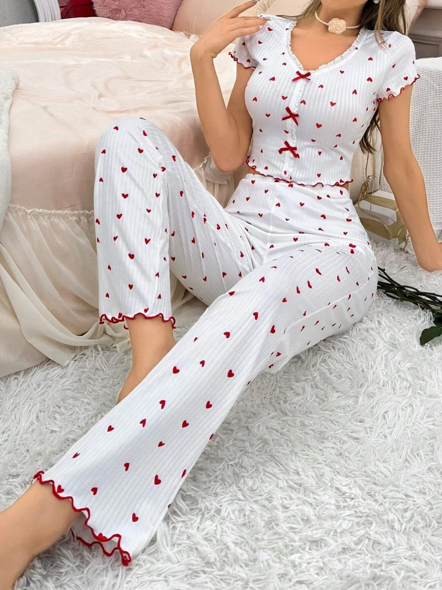 Heart-print Bow V-neck Short-sleeved Trousers Set That Can Be Worn As Loungewear - Image 4