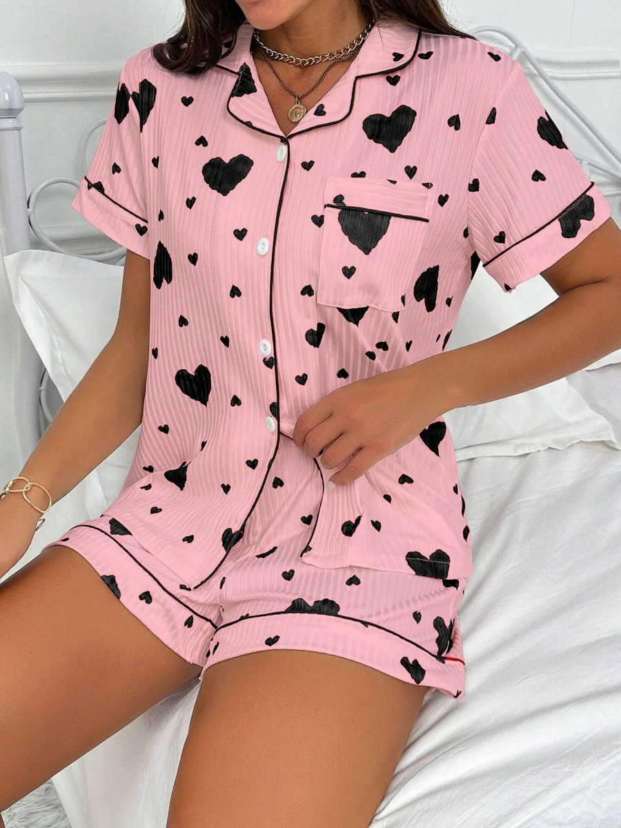 Heart-print Cardigan With Collar And Button-down Short Sleeves And Shorts, Two-piece Loungewear Set - Image 13