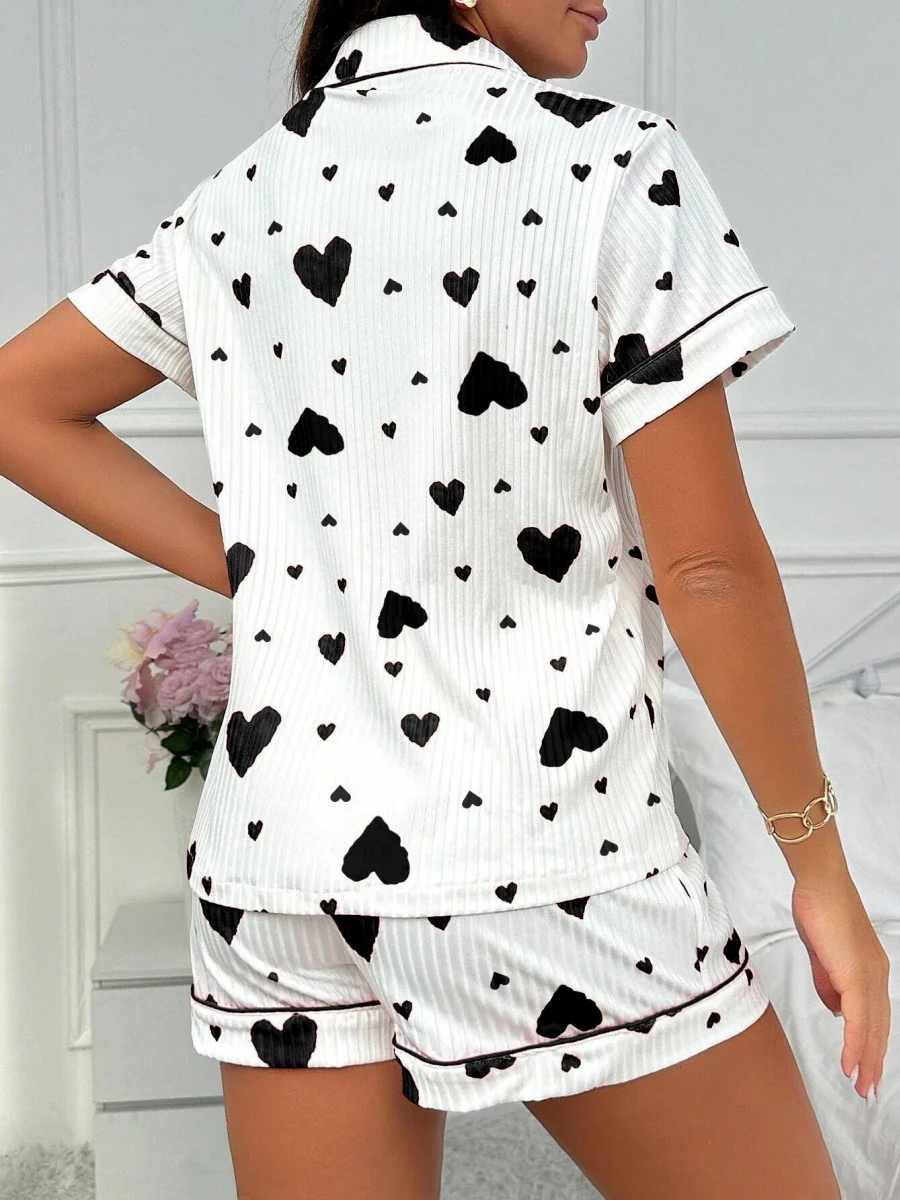 Heart-print Cardigan With Collar And Button-down Short Sleeves And Shorts, Two-piece Loungewear Set - Image 8
