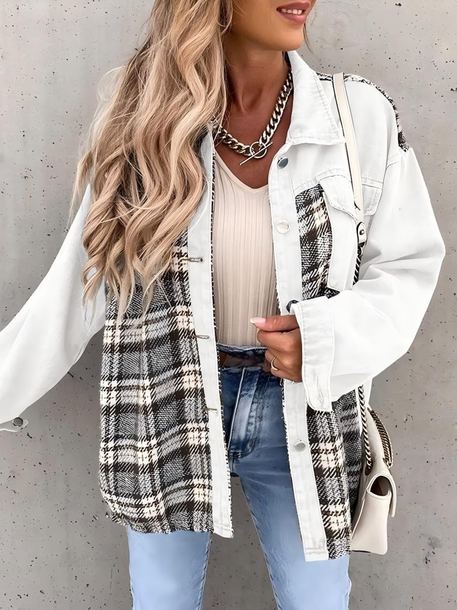 Long Sleeve Plaid Splicing Fasten Denim Jackets - Image 4