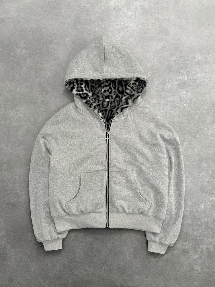 Reversible Leopard Print Lightweight Fleece Hoodie Jacket - Image 5