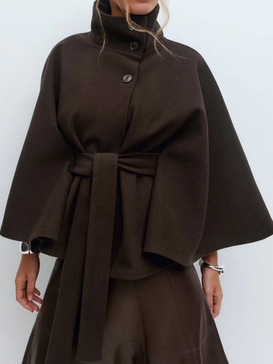 Solid Color Cape With Stand Collar, Button Belt And Short Style Coats - Image 3