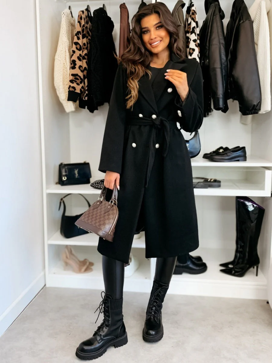 Long Lace-up Woolen Coat - Image 19