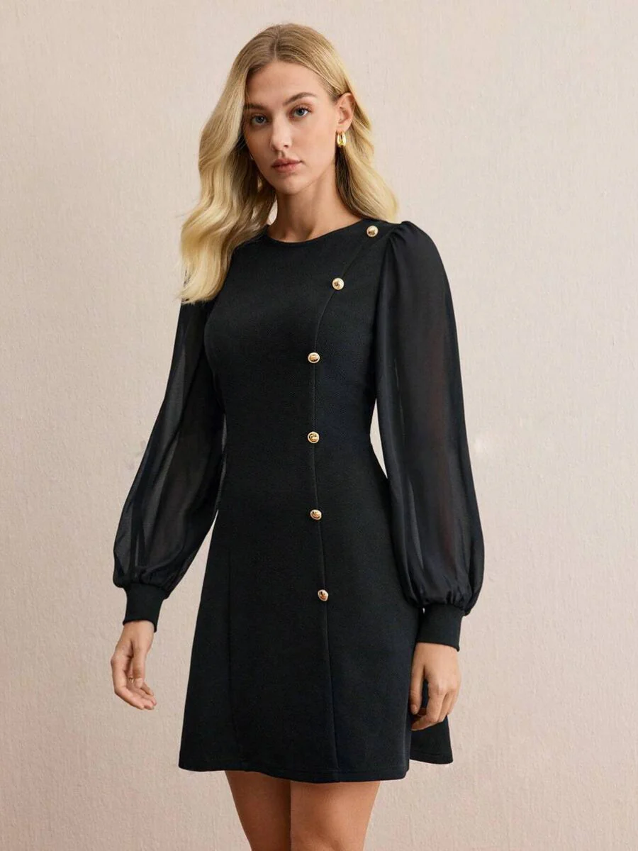 Pullover Crew Neck Splicing Fasteners Slim Fit Slimming Long Sleeve Workplace Casual Short Dress - Image 3