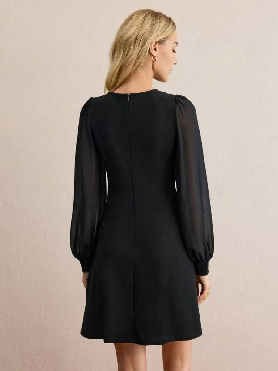 Pullover Crew Neck Splicing Fasteners Slim Fit Slimming Long Sleeve Workplace Casual Short Dress - Image 5