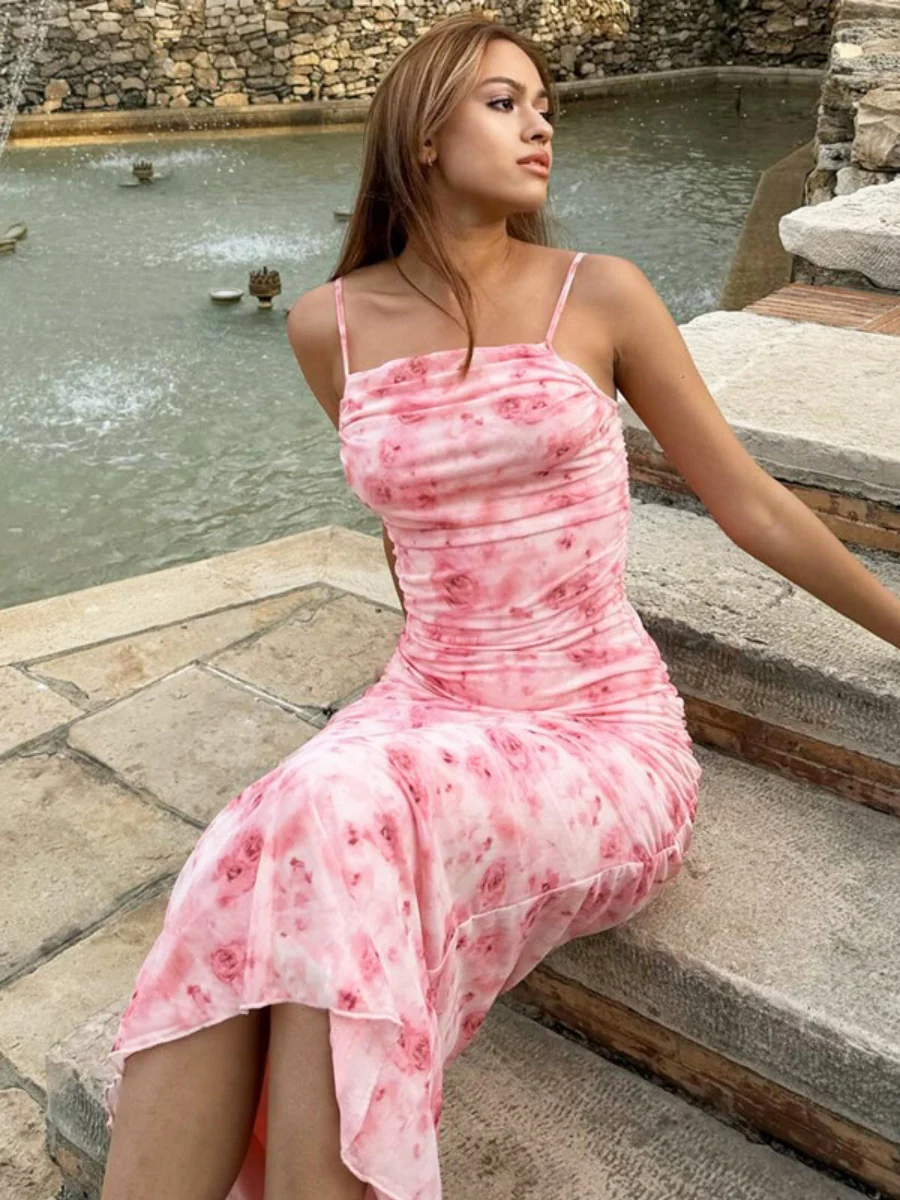 Camisoles Hip-hugging Pleated Color Maxi Dresses - Image 3