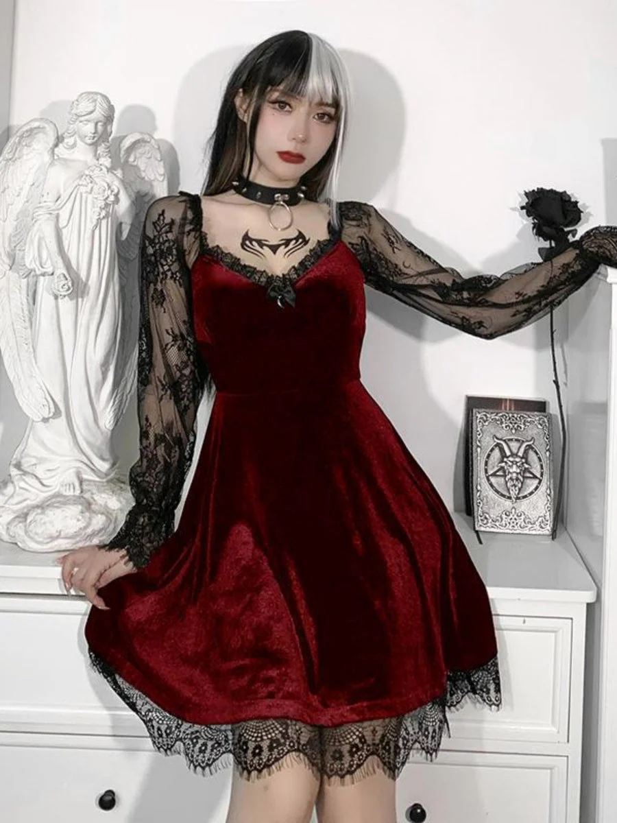 Lace Velvet Long Sleeve Midi Dresses - Image 3