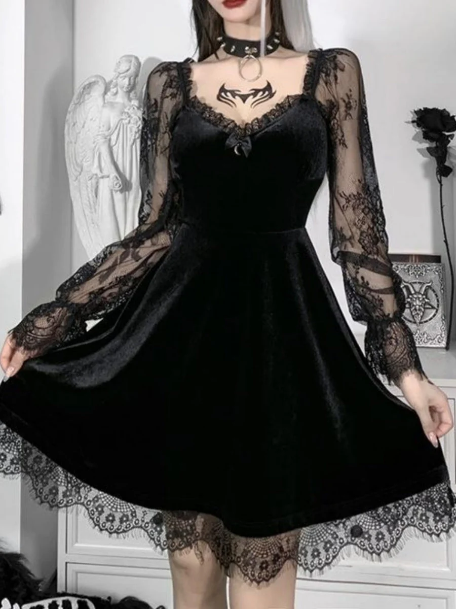 Lace Velvet Long Sleeve Midi Dresses - Image 4