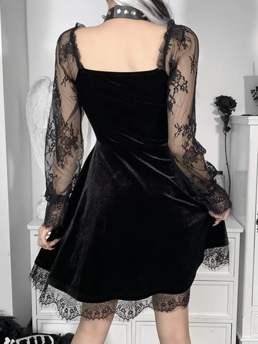 Lace Velvet Long Sleeve Midi Dresses - Image 5