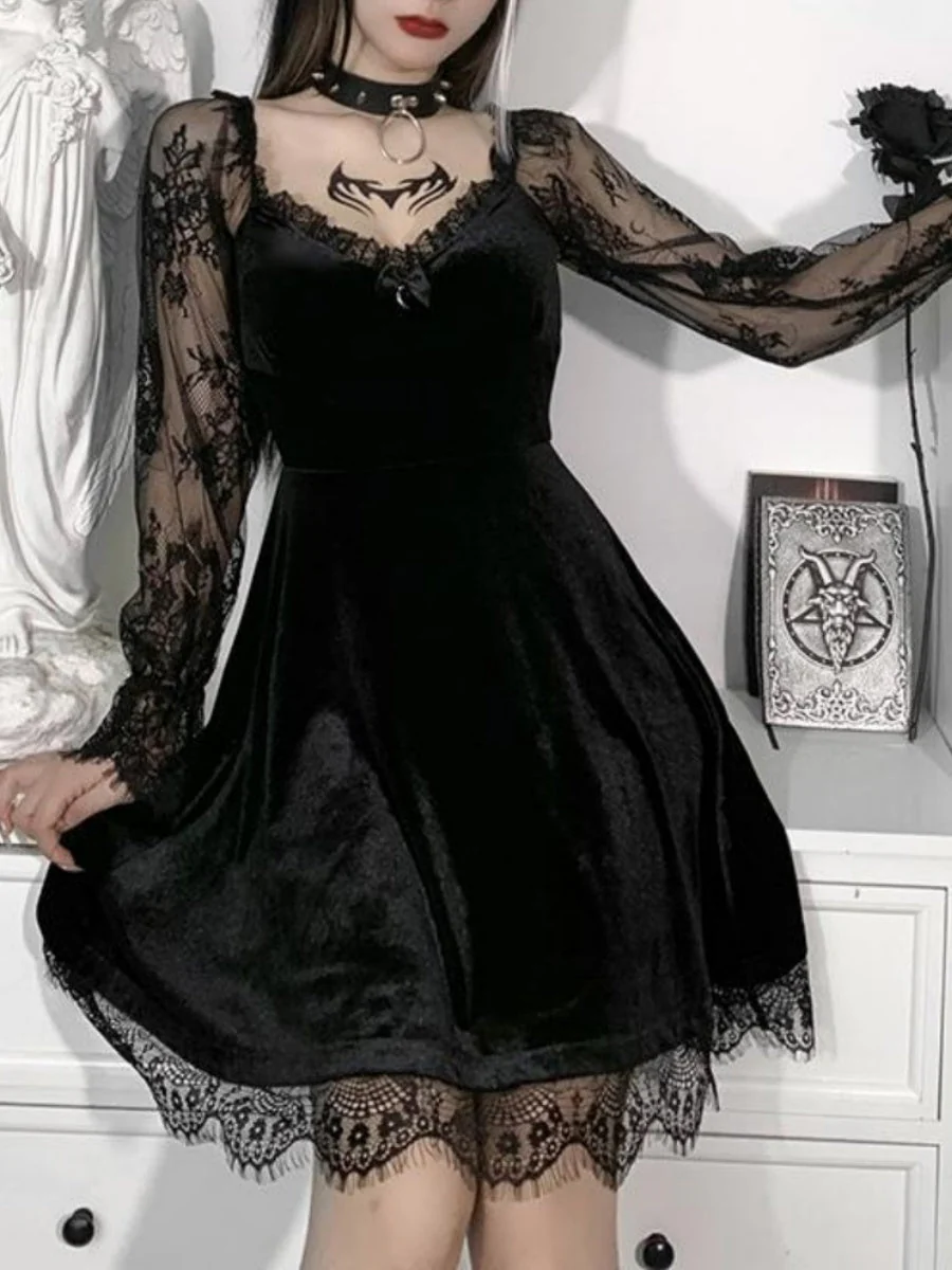 Lace Velvet Long Sleeve Midi Dresses - Image 6