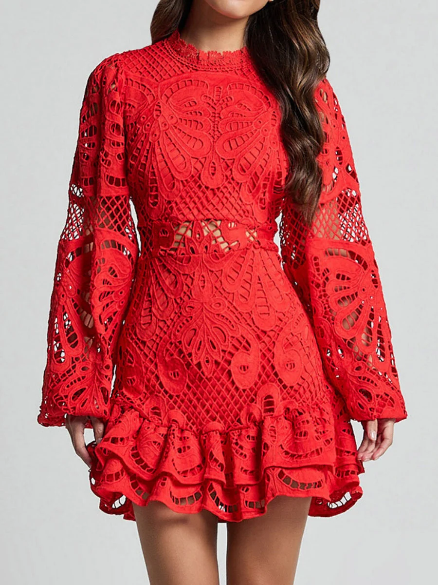 Lantern-style Long-sleeved, Fitted A-line Dress With Ruffled Hem And Water-soluble Lace. - Image 15