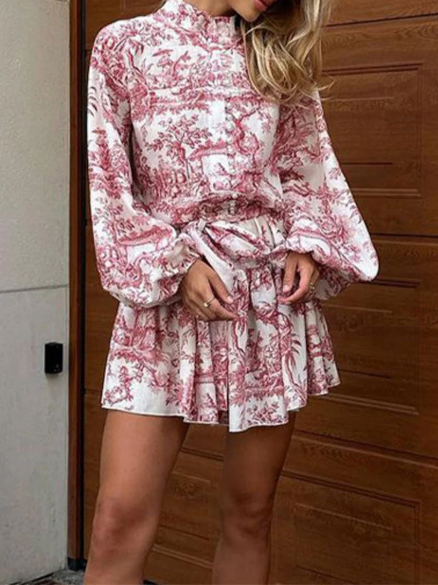Elegant And Fashionable Long-sleeved Tie Printed Mini&Short Dresses - Image 3