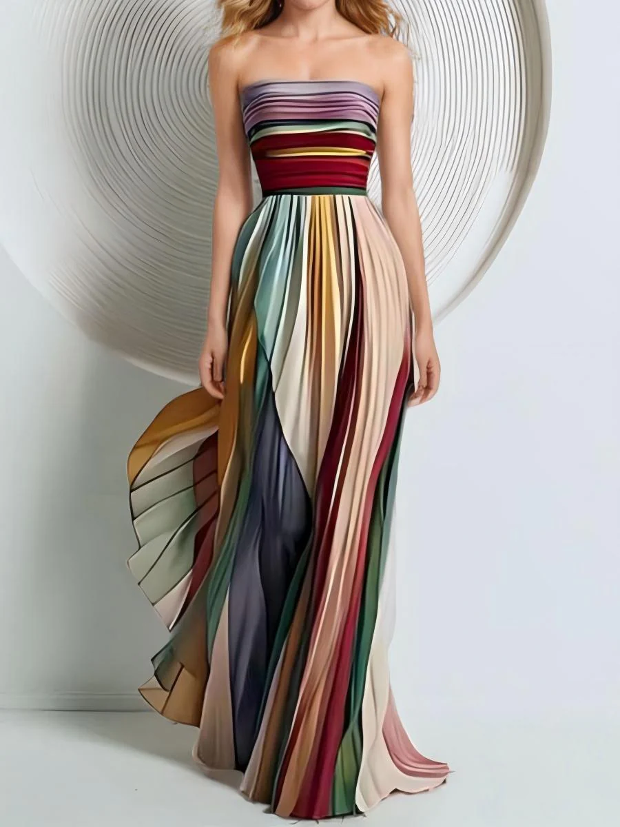 Pleated Sexy Tube Top Printed Colorful Long Dress - Image 4