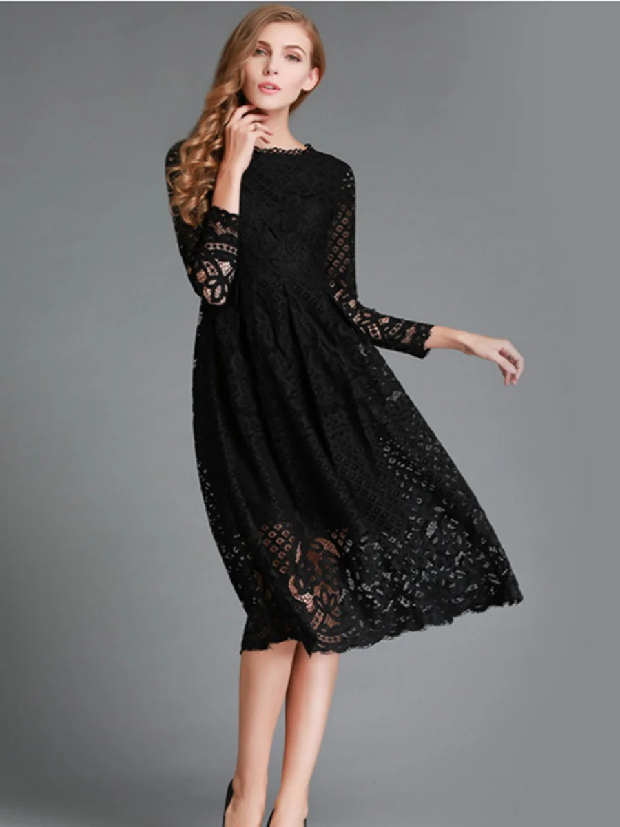 Round Neck Lace Long Sleeve Slim Midi Dress - Image 5