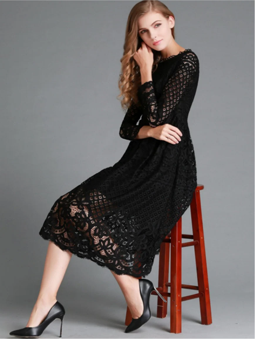 Round Neck Lace Long Sleeve Slim Midi Dress - Image 6