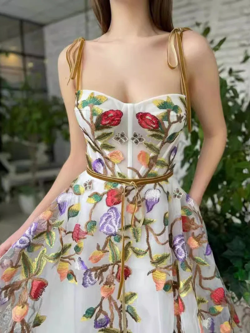 White 3D Flower Embroidery Mesh Off-shoulder Strapless Top Maxi Dresses - Image 2