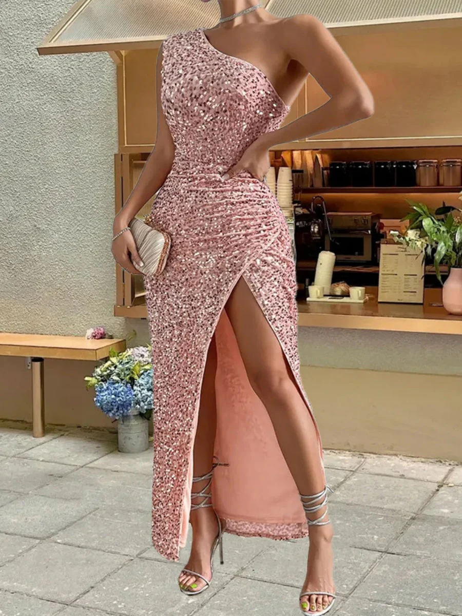 Sequined One-shoulder Sleeveless Slit Maxi Dresses - Image 8