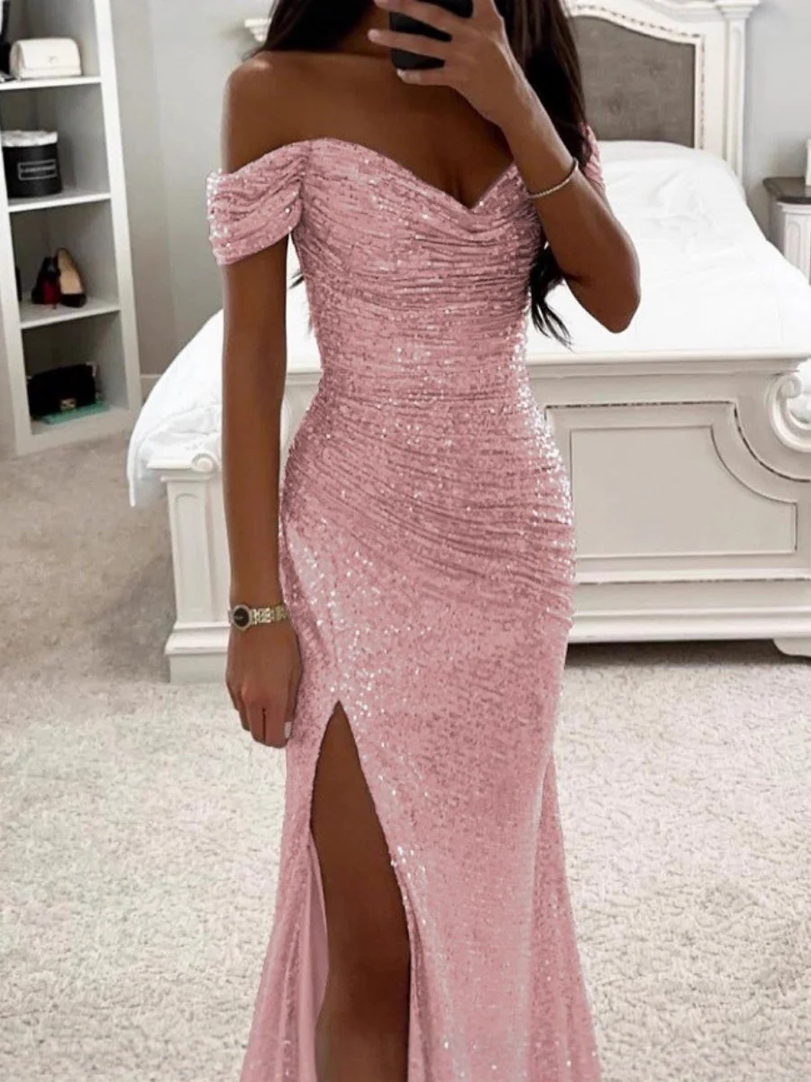 Sequins One-shoulder Collar Slit Pleated Maxi Dresses - Image 10