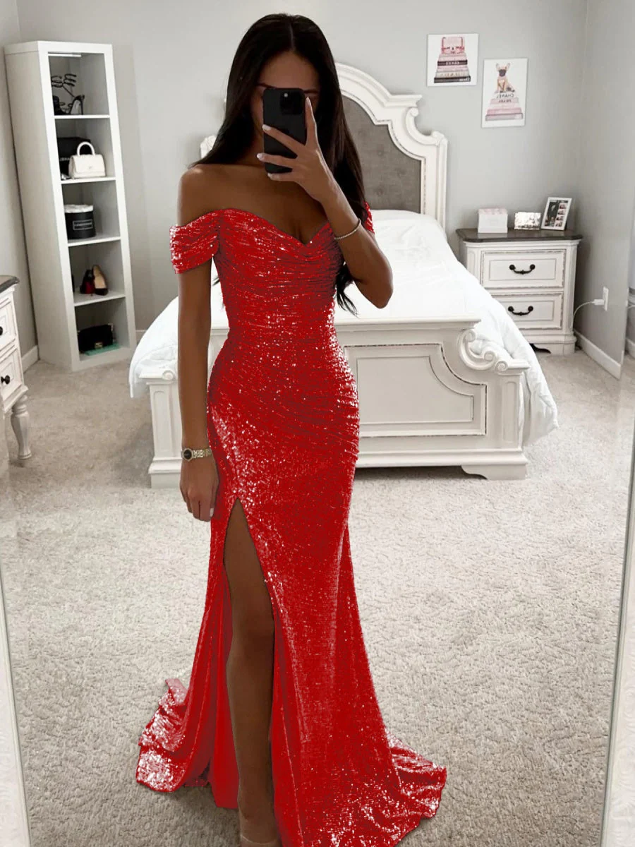 Sequins One-shoulder Collar Slit Pleated Maxi Dresses - Image 7