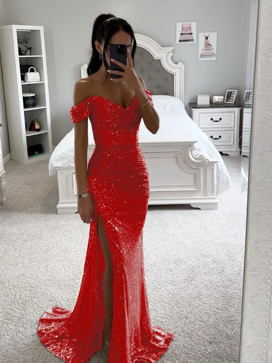 Sequins One-shoulder Collar Slit Pleated Maxi Dresses - Image 8